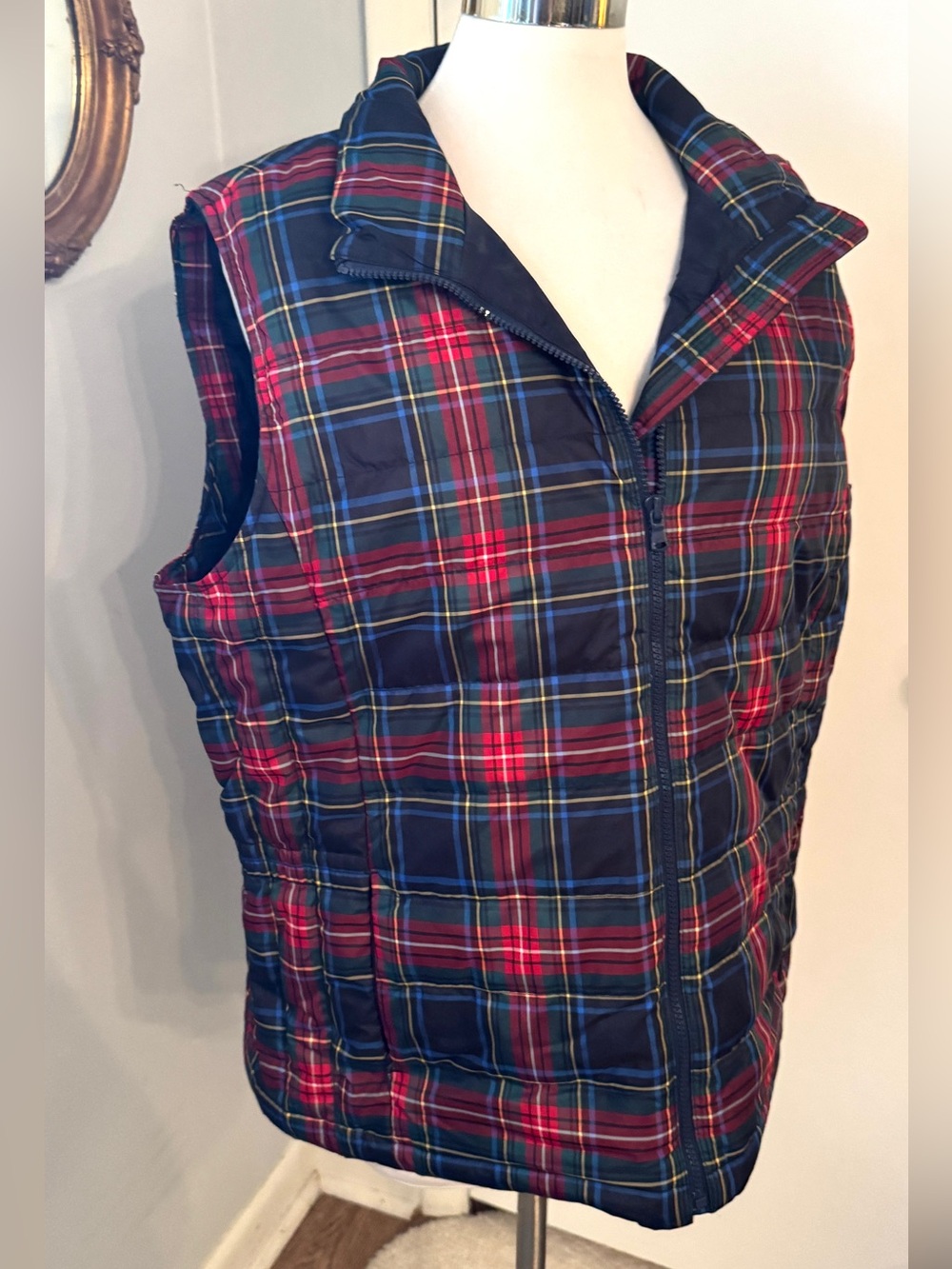 Talbots Navy Plaid Quilted Vest with Red, Black, White and Green Accents